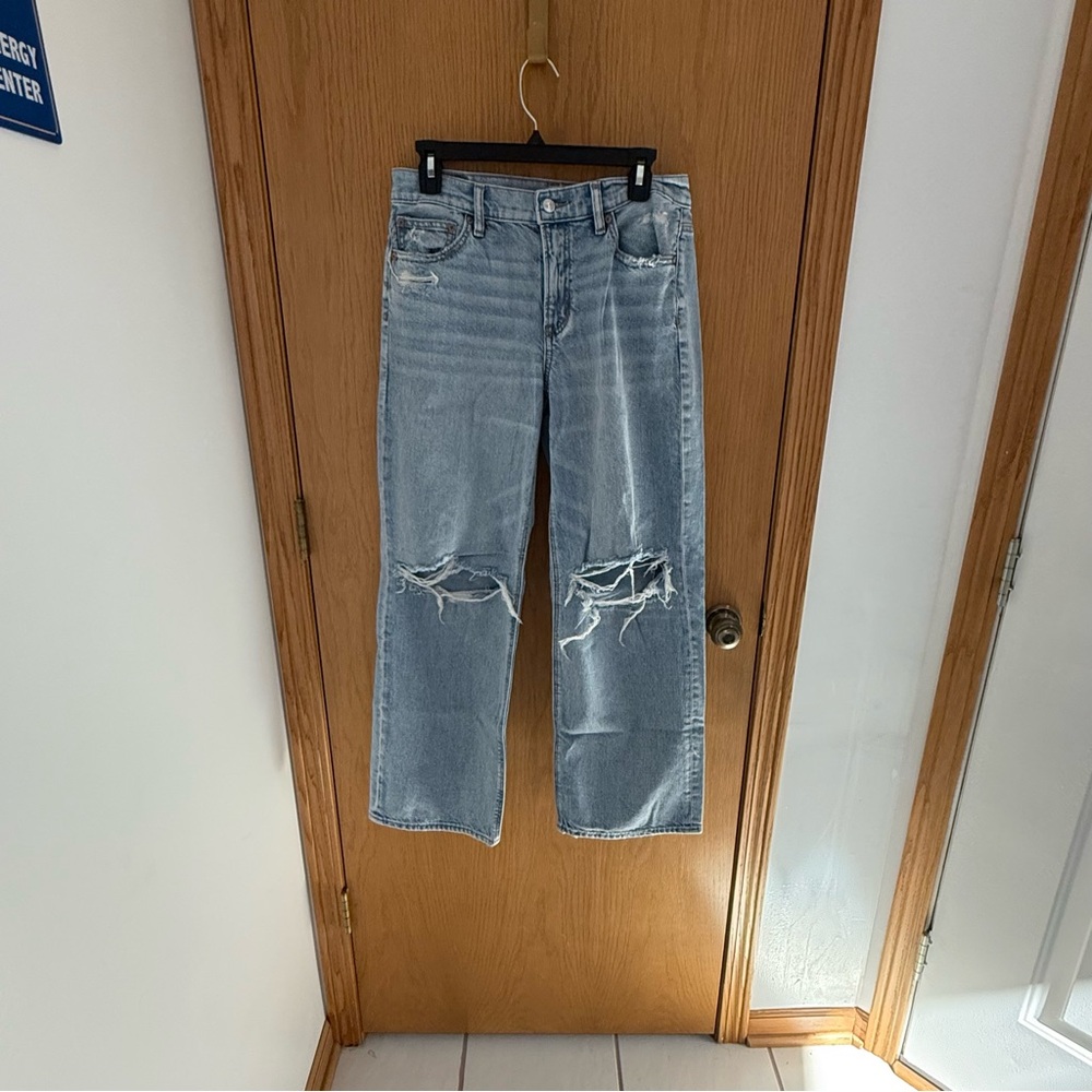 American Eagle Outfitters Light Blue Ripped Barrel Straight Wide Leg Jeans